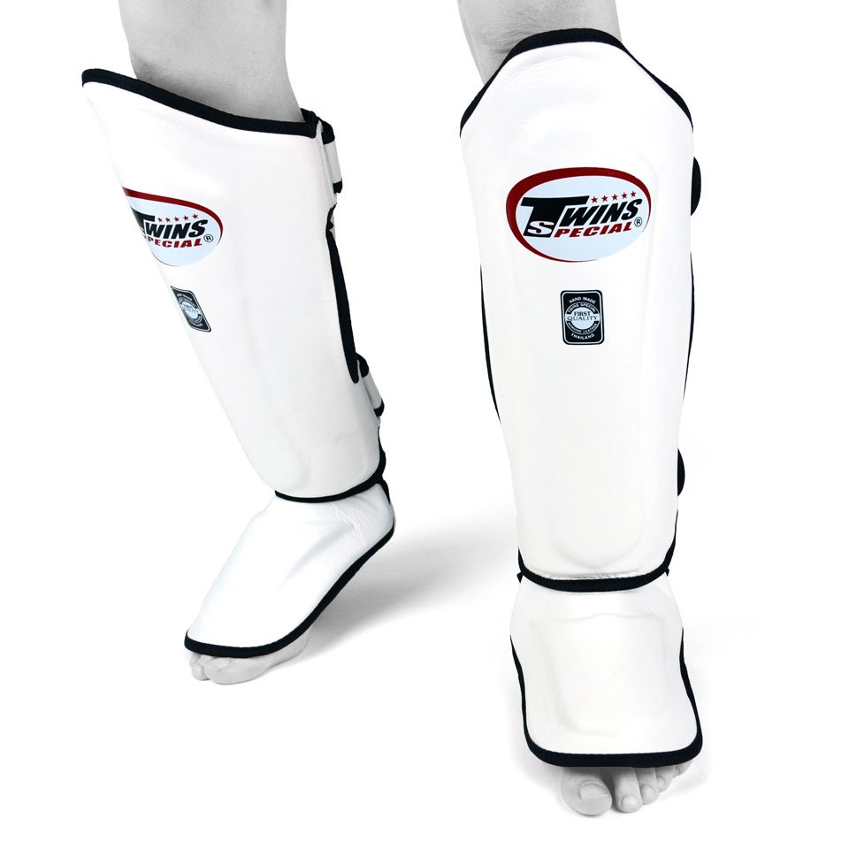 Twins SGL10 White Double Padded Leather Shin Guards - Nak Muay Training